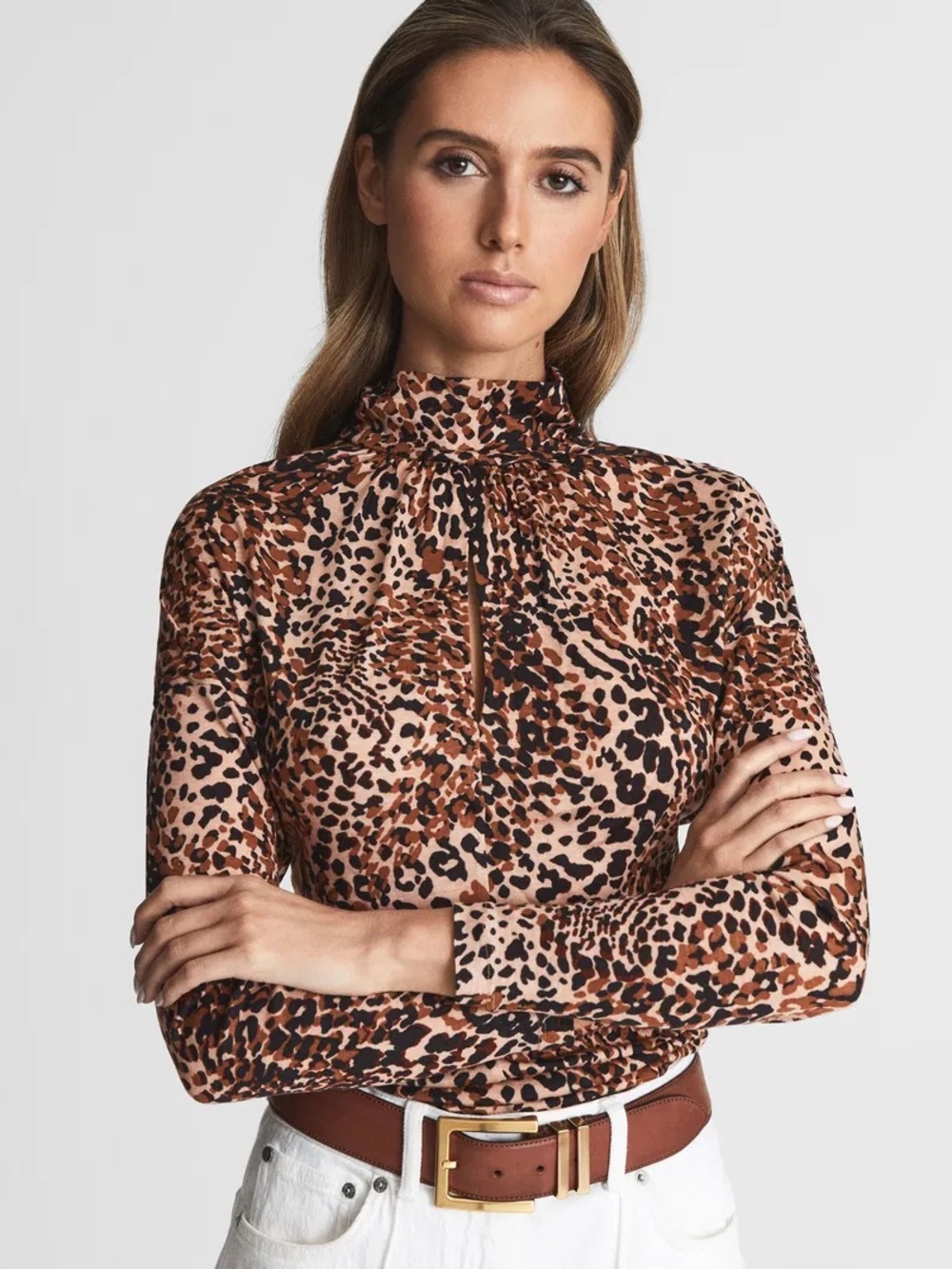REISS Serena Leopard Print Mock Neck Keyhole Top Blouse long sleeve Medium